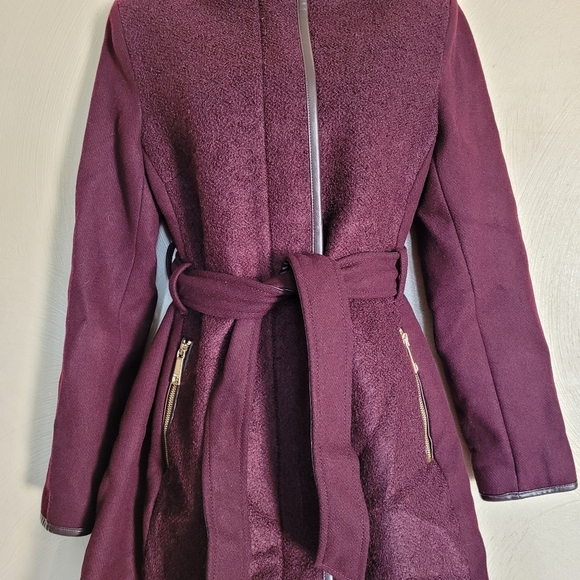 Nine West Faux-Leather Binding Wool-Blend Coat in Wine Color Size Women's Small - Picture 6 of 14
